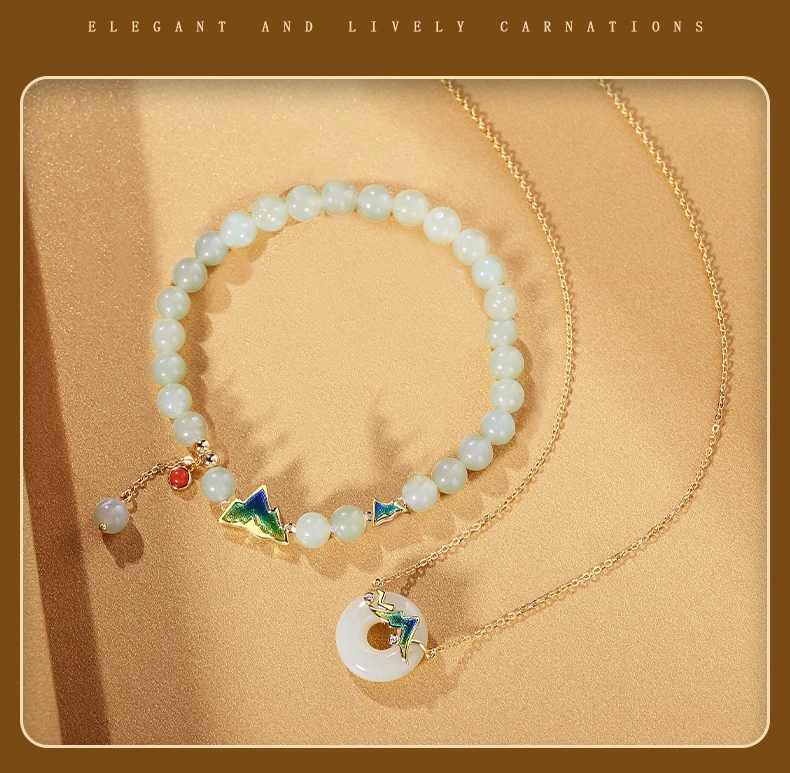 Leichte Luxus-Handschnur aus Sterlingsilber im nationalen Stil, kleine frische Hotan-Jade-Armbänder und Halsketten, 2-teilig/Set im Großhandel – Detail 8