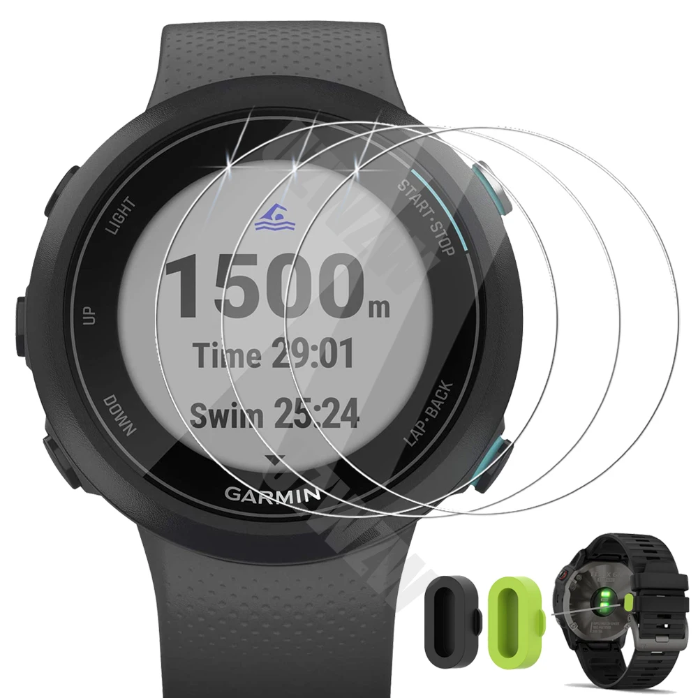 3+2) For Garmin Swim 2 Smart Watch (3pcs) Tempered Glass Screen Protector &  (2pcs) Charger Port Plug Anti-Dust Cover