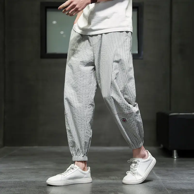 Spring Summer Fashion High Waist Men's Clothing Solid Color Tie Feet Slimming All Match Pockets Solid Cotton Line Casual Pants