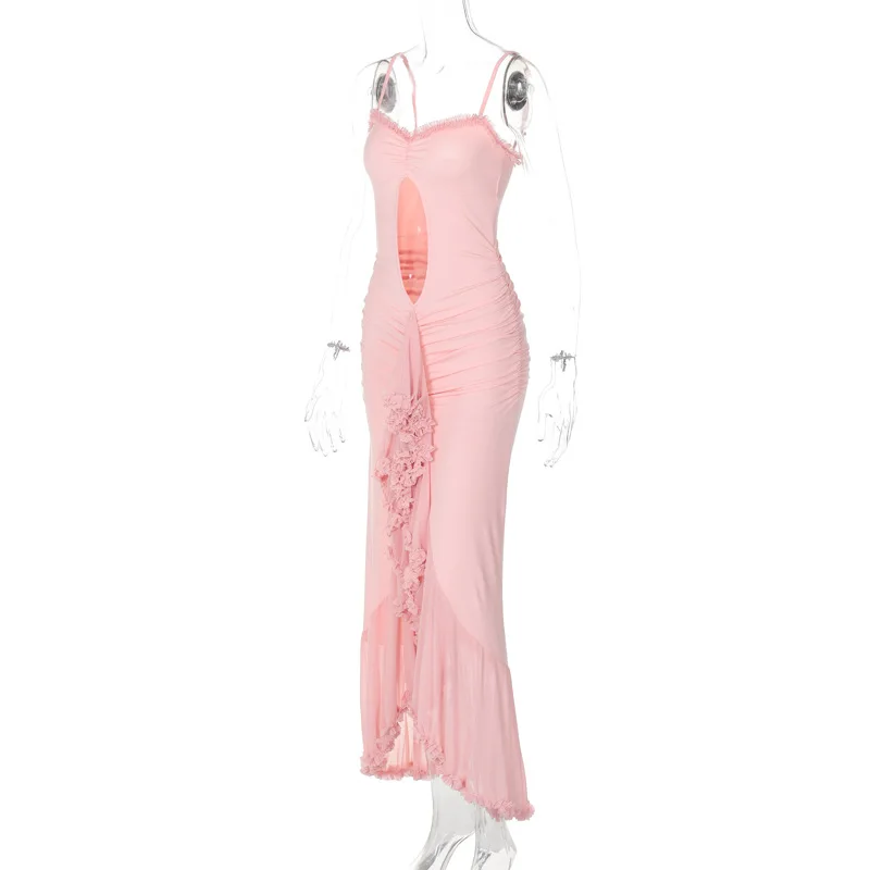 Sexy Hollow Suspender Maxi Dress For Women Mesh Lace Patchwork Irregular Solid Sleeveless Slim Spaghetti Strap Dress Woman