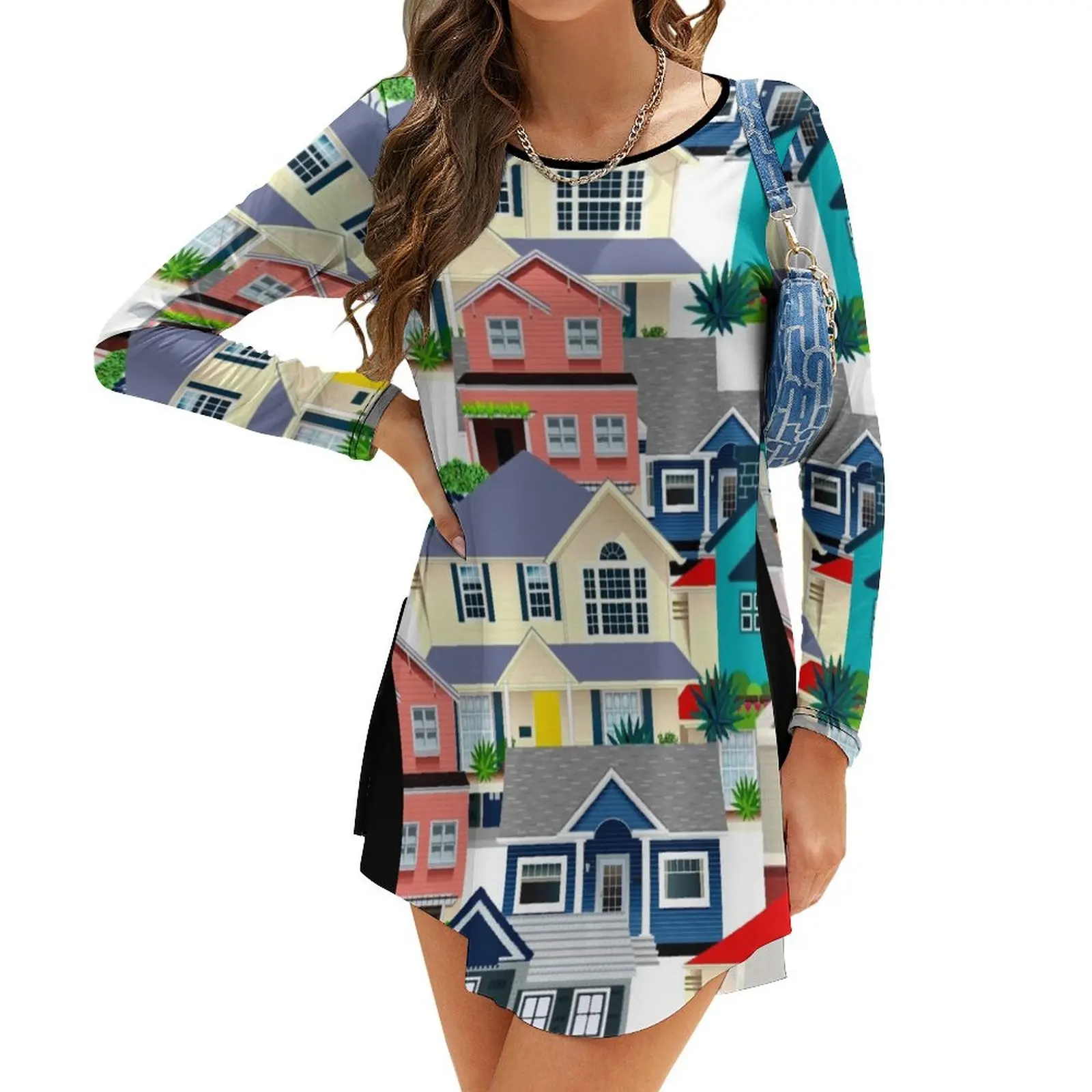 

Houses Print Long-Sleeve Dress women's luxury party dress fairy dress luxury woman evening