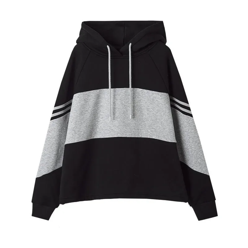 Autumn Winter Loose Casual Patchwork Hoodies Ladies Simple Fashion Pullover Top Women Hooded Sweatshirt Female Clothes