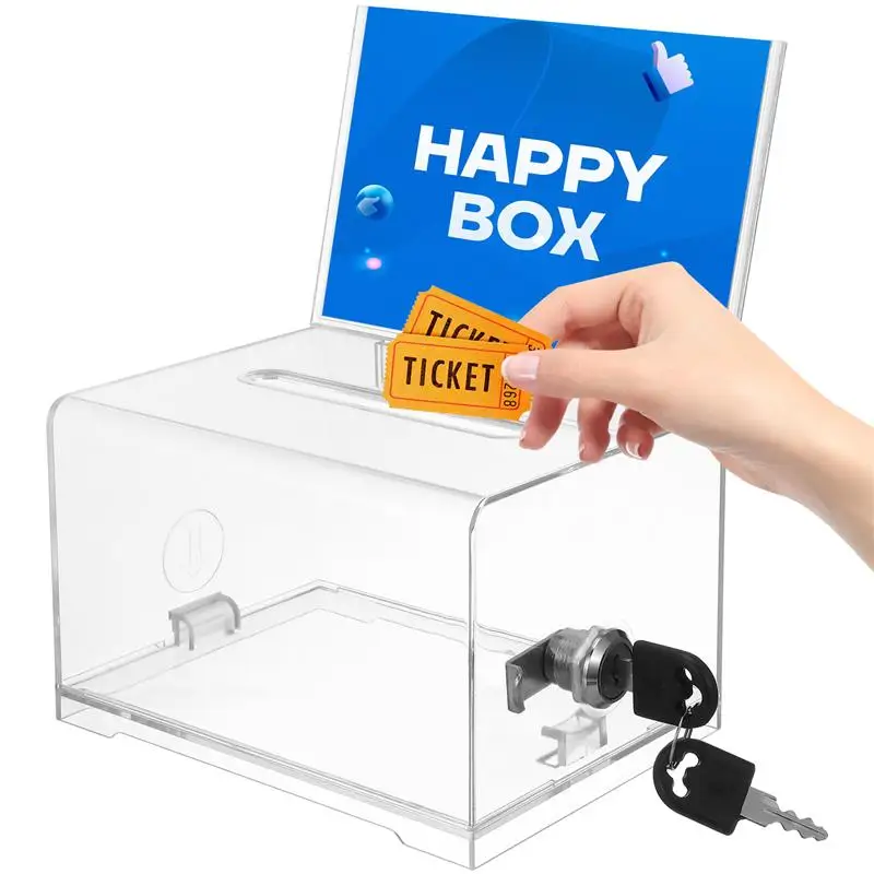 아크릴 돈 티켓 컨테이너 팁 모금 컬렉션 상자, 기증 보관 항아리, 제안 거래 잠금, 투표지 래플