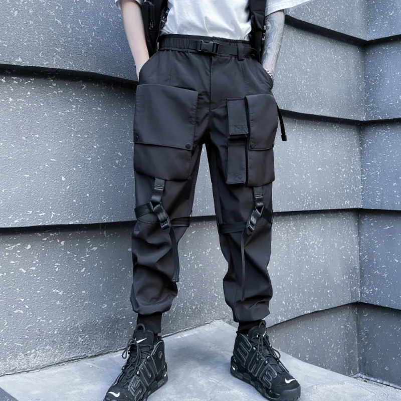 Hip Hop Tactical Cargo Pants Men Multi Pocket Ribbon Design Joggers Trousers 2023 Spring Functional Elastic Waist Pant