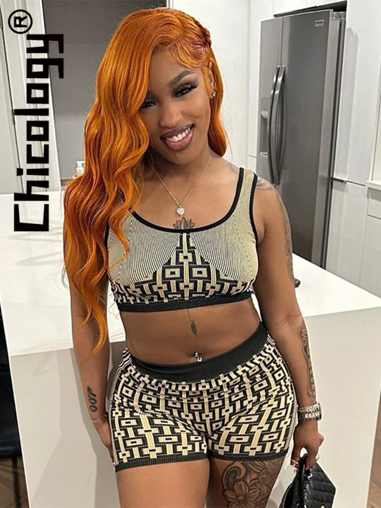 

Chicology Printed Slim Tank Crop Top 2 Piece Matching Pans Sets Casual Streetwear Summer Sportwear Women Clothes For Wholesale