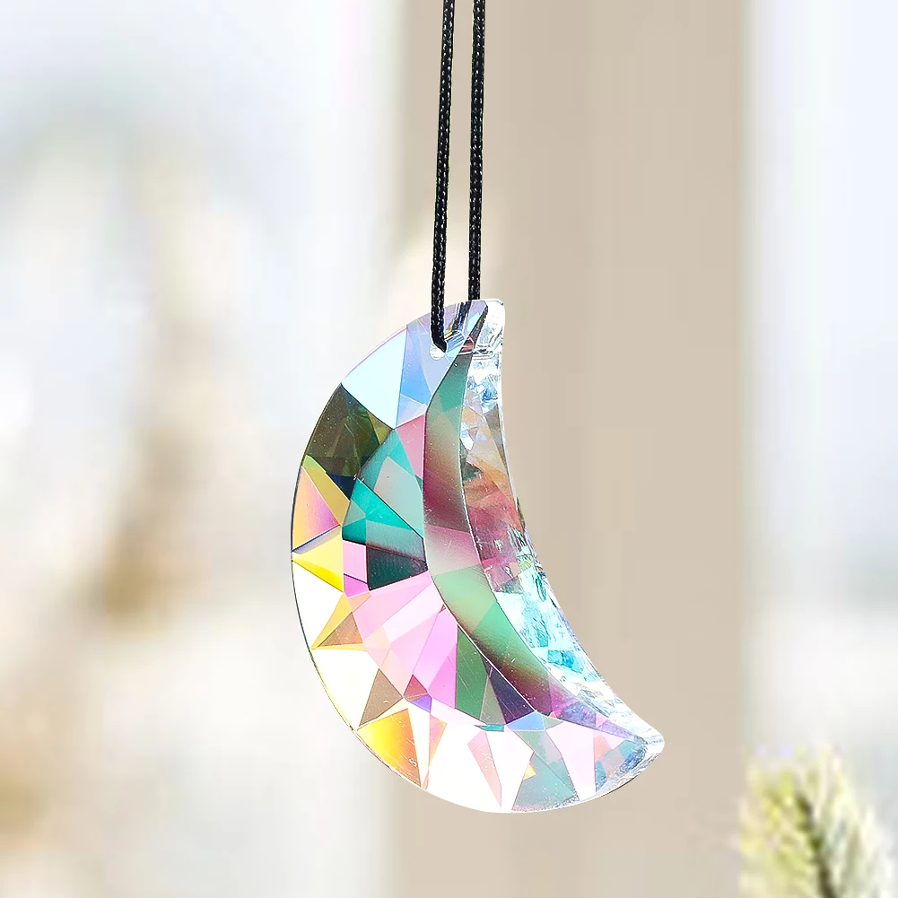 Light And Shadow Crystal Pendant Single Hole Crescent AB Colored Faceted Glass Prism Chandelier Hanging Charm 50mm Sun Catcher
