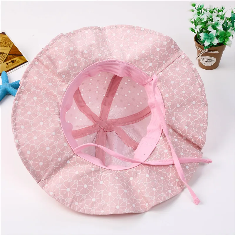 Cappello da pescatore da spiaggia da viaggio per bambini a tesa larga in tinta unita con volant floreale per bambina estiva_voghion.com