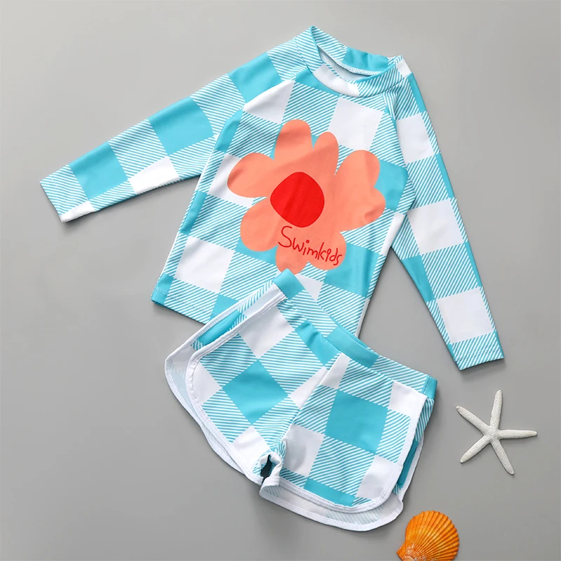 Children's swimsuit girl split new long sleeve shorts sunscreen quick drying medium large kid size hot spring swimsuit
