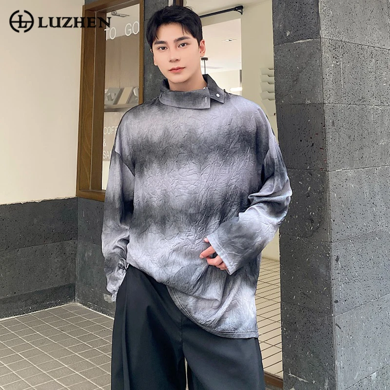 

LUZHEN Versatile Sleeve Long Men's Standing Casual Collar Trendy Personalized Pleated Tie Dyed Loose Pullover Tops Autumn 0cb2d6