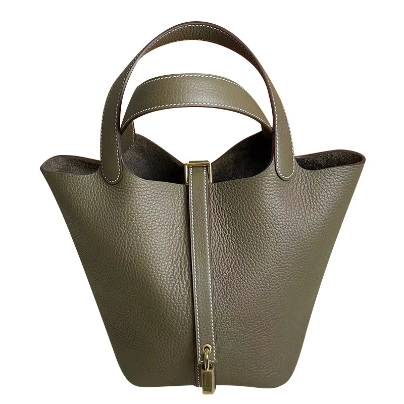 

2024 New Genuine Leather Bucket Handbag with High Luxury Sense and Large Capacity Top Layer Cowhide Vegetable Basket for Women