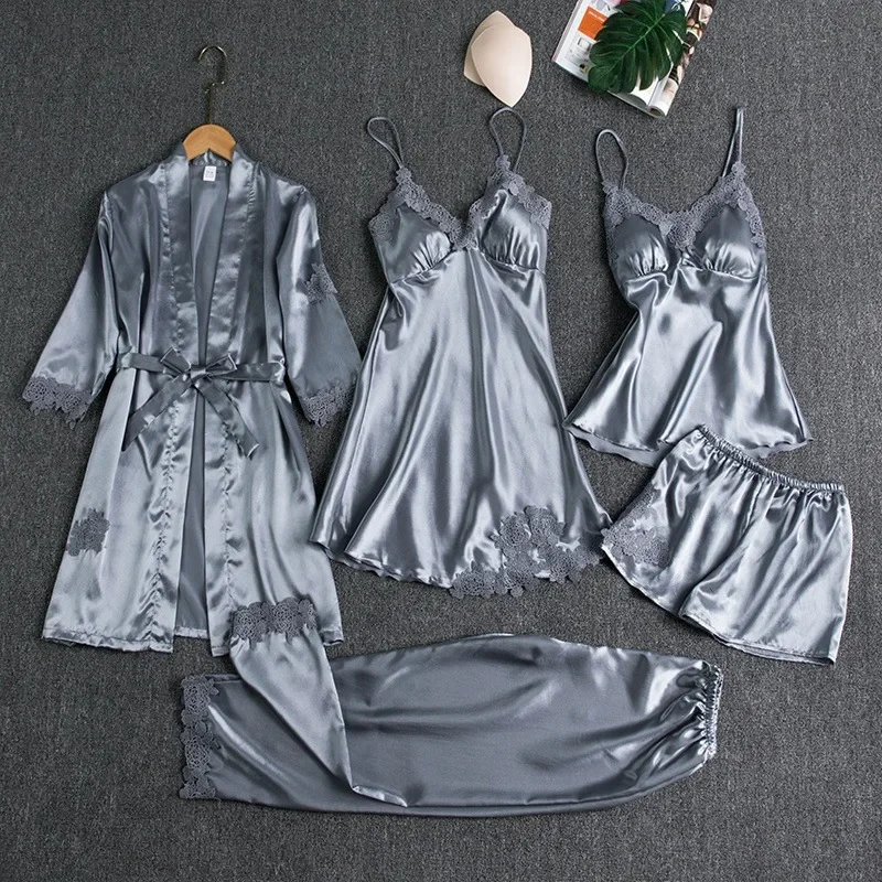 Lace Satin Women's Sleepwear Set Silk V-neck Nightgown 5 Piece_voghion.com