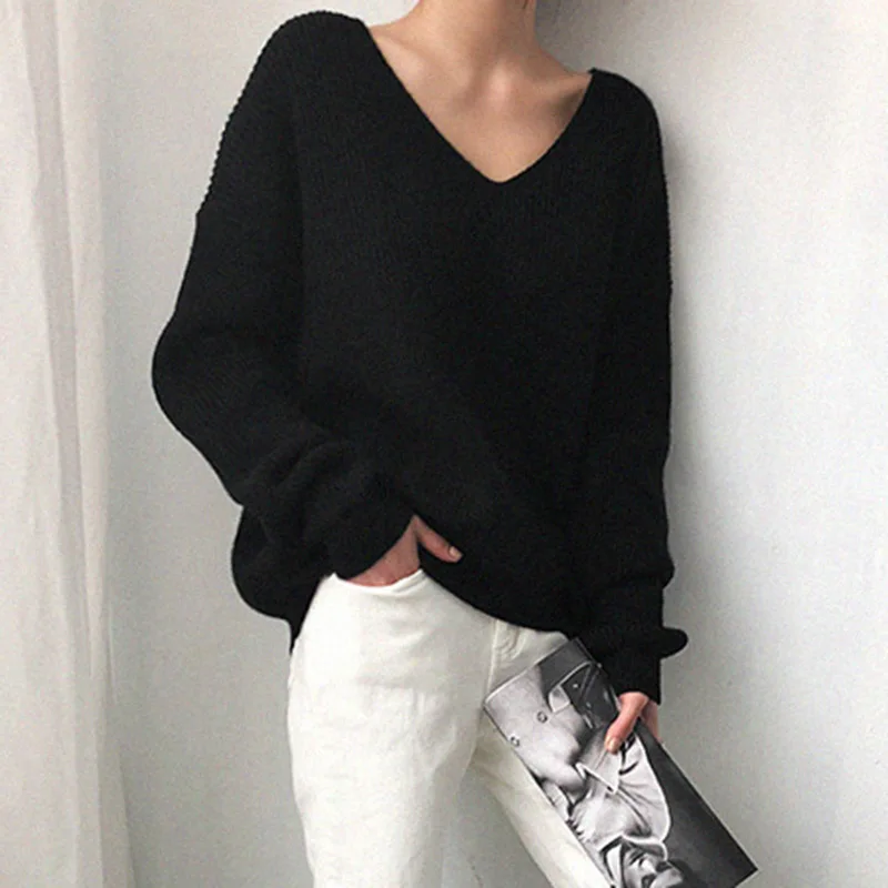 Women Knitted Deep V Neck Sweater Long Lantern Sleeve Pullover