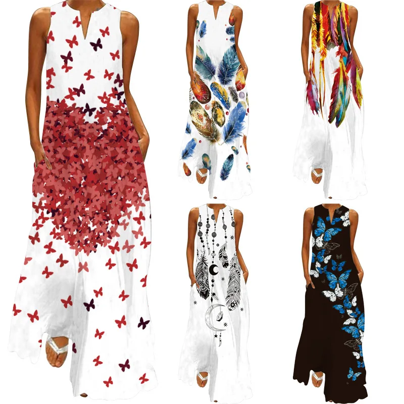 

2023 Summer Women's Fashion Sexy Digital Print V-Neck Sleeveless Long Dress with Pocket Insert European and American Dress