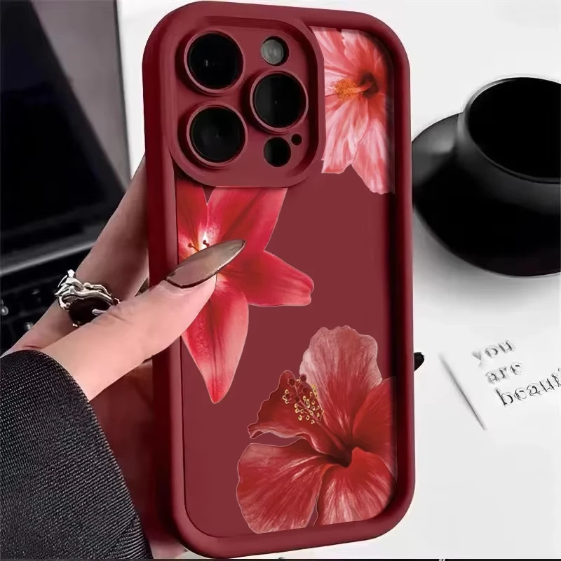 Elegant Wine Red Floral Phone Case - Shockproof & Stylish Cover