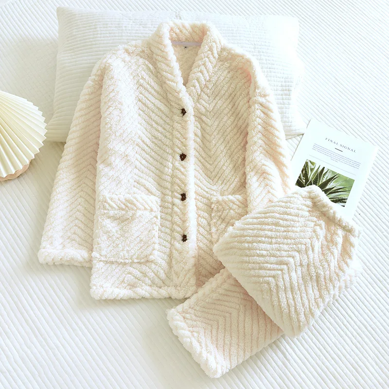 New V-Neck Flannel Pajamas Women Winter Thick Home Sleepwear Cardigan Pocket Loose Ladies Nightgown Warm Coral Fleece Pyjamas