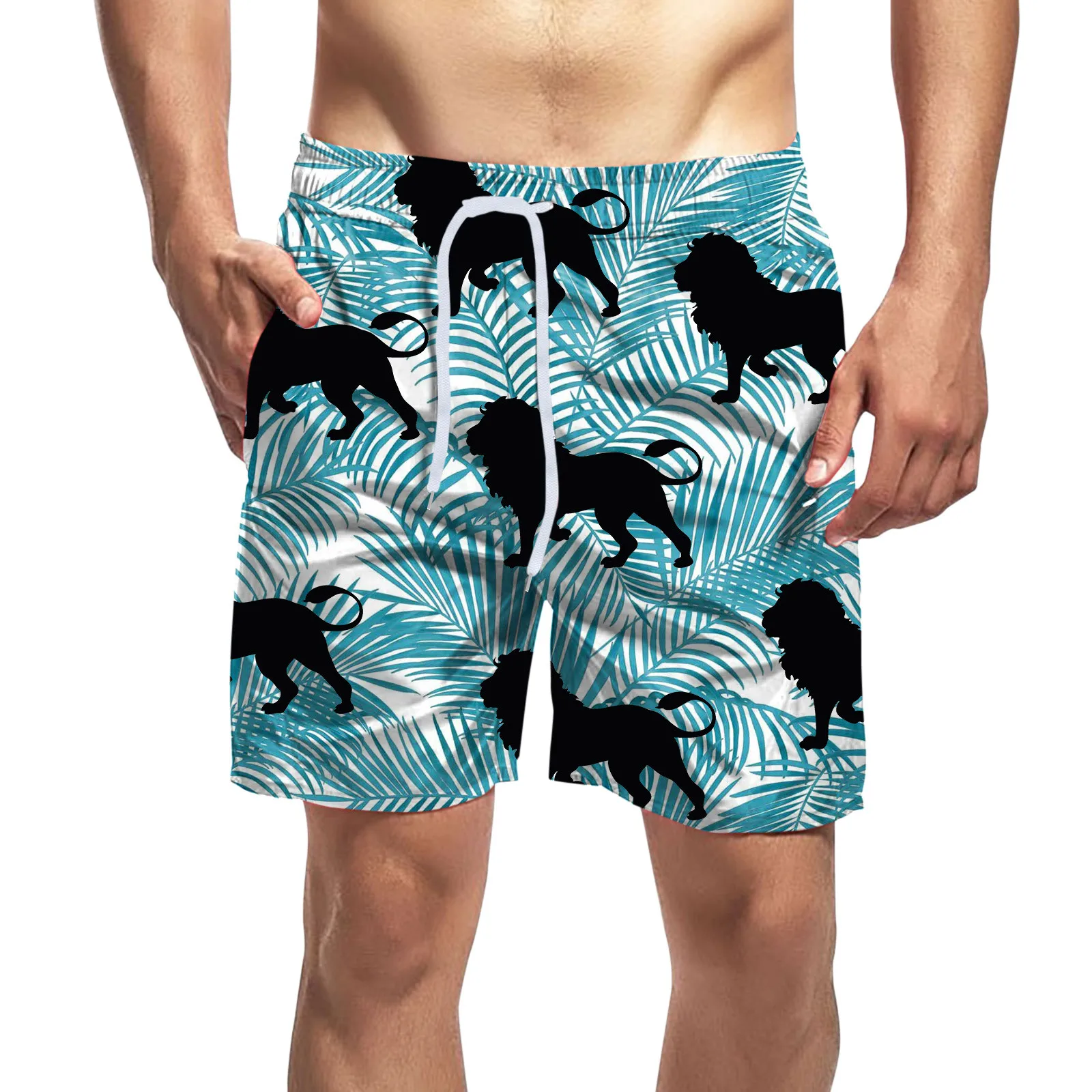 

Шорты мужские пляжные на шнуровке, модные штаны с двойным карманом, с гавайским принтом, бриджи до колена, летние