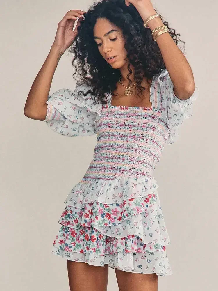 

Boho Inspired Mixed Floral Prints Ruffled Party Puff Sleeve Square Neck Smocked Sexy Laides Mini Chic Summer Dress
