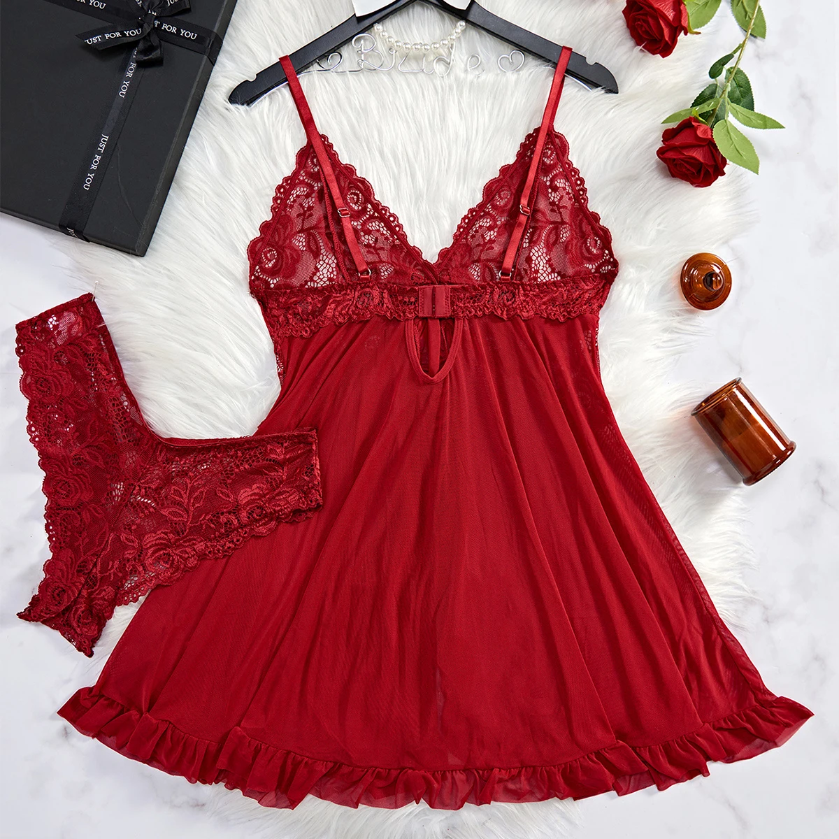 Black Transparent See Through Sleepwear Women's Lace Nightdress Sexy Lingerie Underwear Panty Pijamas Sets Female Sexy Nighty