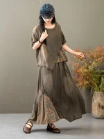 AmaxluluE Summer Suits Women Chinese 2 Pieces Sets Casual Loose Printed Denim Outfits Fashion Vintage Tops Big Size Floral Skirt - Image 5