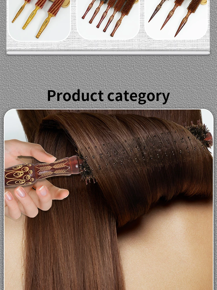 Professionelle Barber Haar Kamm Natürliche Holz Borsten Haar Runde Pinsel Anti Statische Haar Roller Pinsel Friseur Styling Werkzeuge – Detail 5