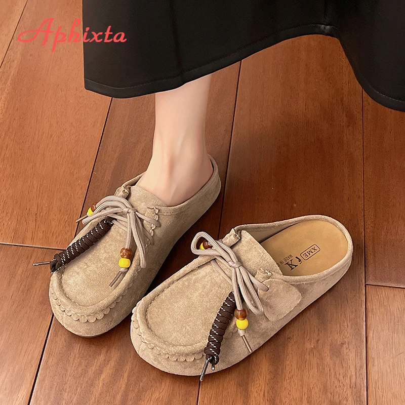 Aphixta 2025 New Summer Sewing Flat With Outside Slipper Women String Bead Lace Up Fashion Women Shoes Slip On Yellow Slides