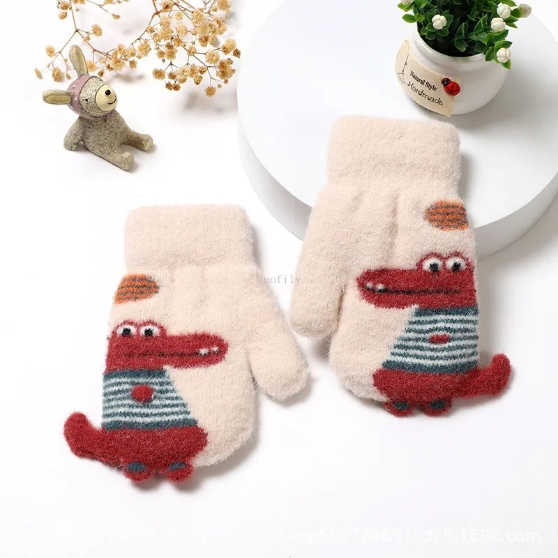 Cute Cartoon Crocodile Baby Gloves Winter Knitted Wool Infants Mittens Thicke Warm Full Rope Gloves for Boys Girls Toddlers 2-5Y