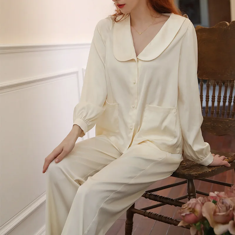 SXTHAENOO New French Fashion Ice Silk Pajamas For Women Retro Loose Long Sleeve Pants Sleepwear Sets ensemble femme 2 pièces