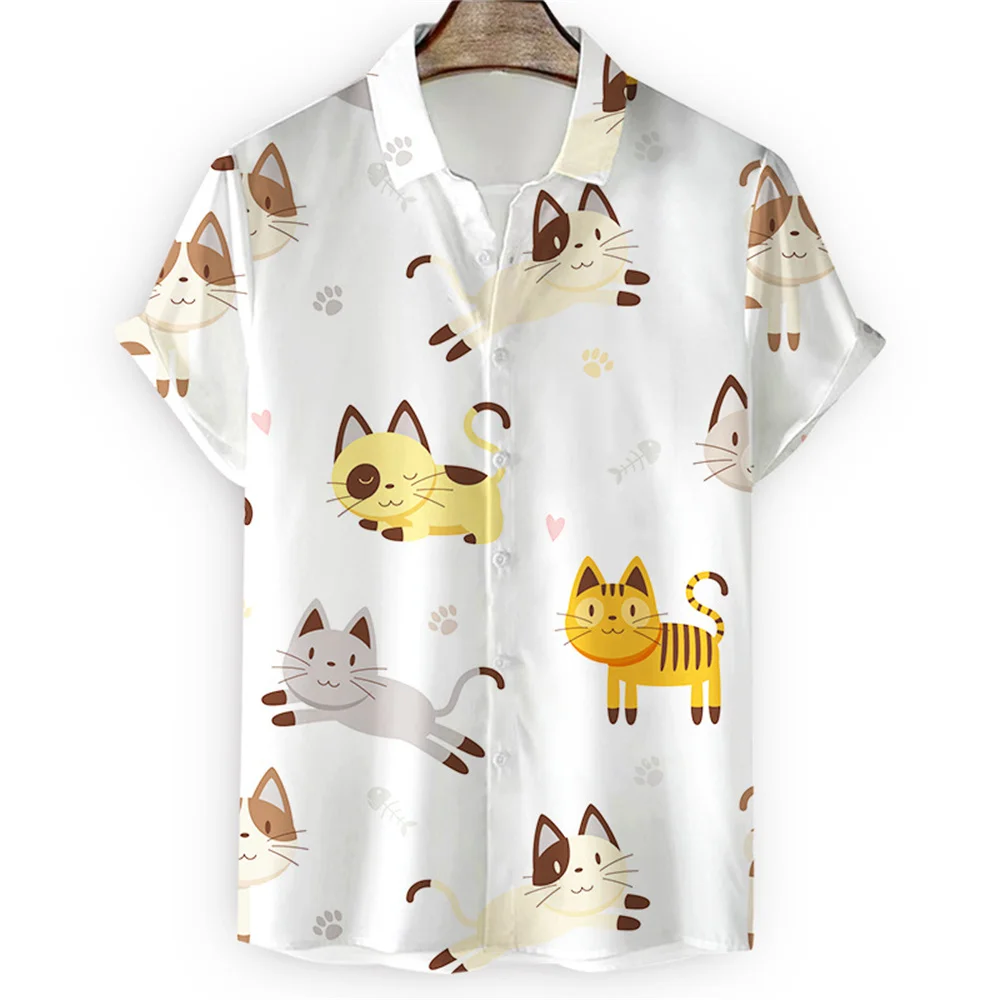 Мъжка риза с хавайска яка, 3D печат, къс ръкав, сладка котка, ежедневни за мъже, ретро дрехи Harajuku, флорална блуза