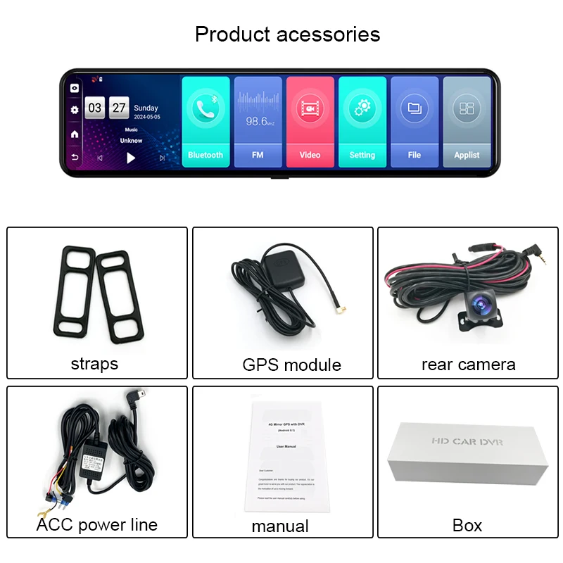 Anfilite 12" Car DVR Rearview Mirror 4G Android 8.1 Dash Cam 1080P Dual Lens Recorder ADAS Rear View Mirror GPS Camera Recorder