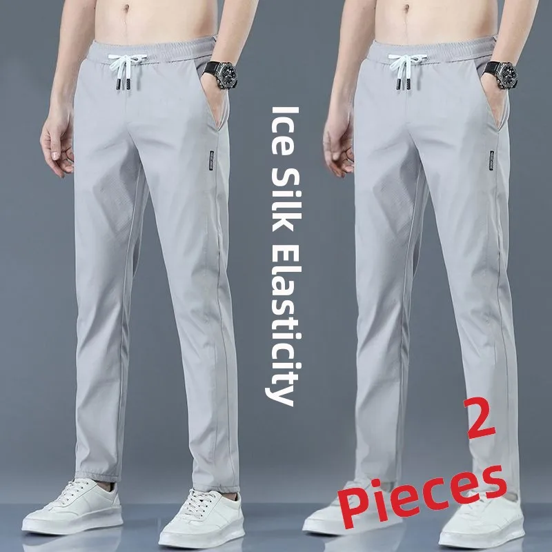 Ultra-Thin Ice Silk Men's Casual Pants Loose Breathable Straight Leg Summer Qui Dry Elastic Waist Pants Youth Faion