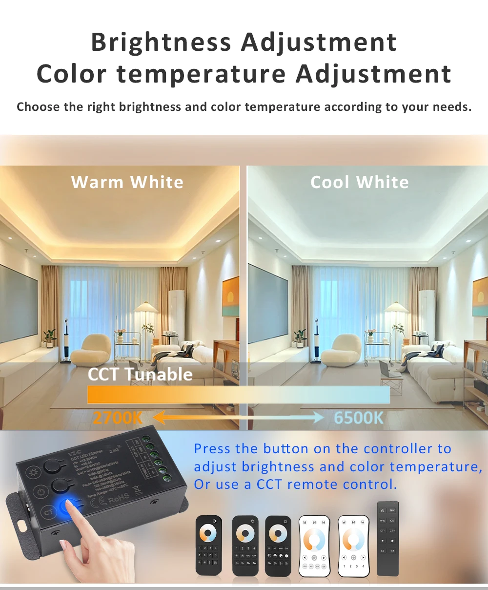 V2-C cct led controller 12v 24 v 2ch dual weiße farbe 5050 2835 cob led streifen licht 2,4g rf wireless 12 24 volt dimmer controler – Detail 14