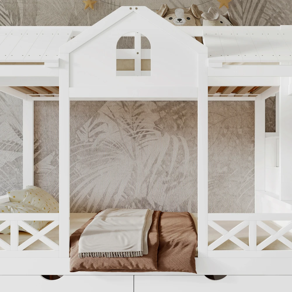 90 x 200 cm und 140 x 200 cm großes Etagenbett, zwei Schubladen mit Rollen, Bett mit Fenster und Dach, Treppenschrank mit 4 Ablagefächern – Detail 31