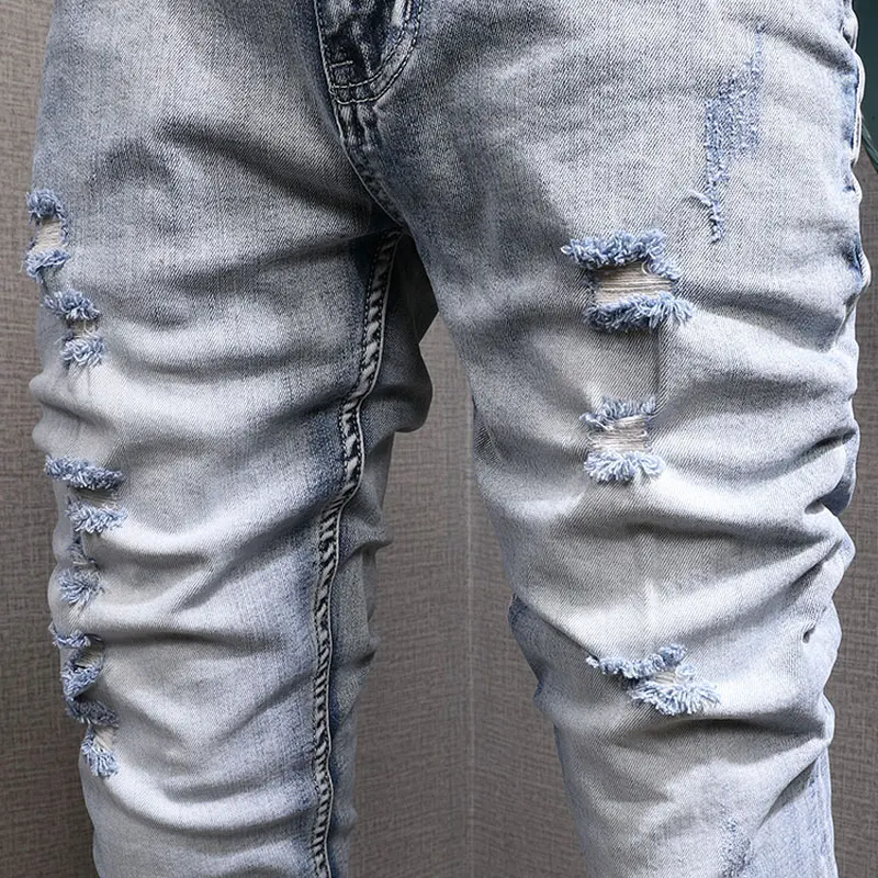 Newly Designer Fashion Men Jeans Retro Light Blue Elastic Slim Fit Destroyed Ripped Jeans Men Streetwear Hip Hop Denim Pants