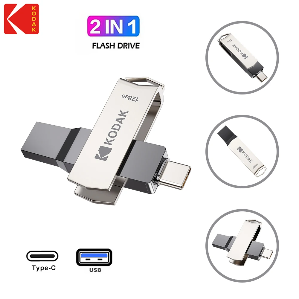 오리지널 코닥 K273 USB 3.2 타입-C 펜드라이브 256GB 128GB 64GB 32GB 듀얼 플래시 드라이브 고속 120MB/s 휴대폰/노트북용