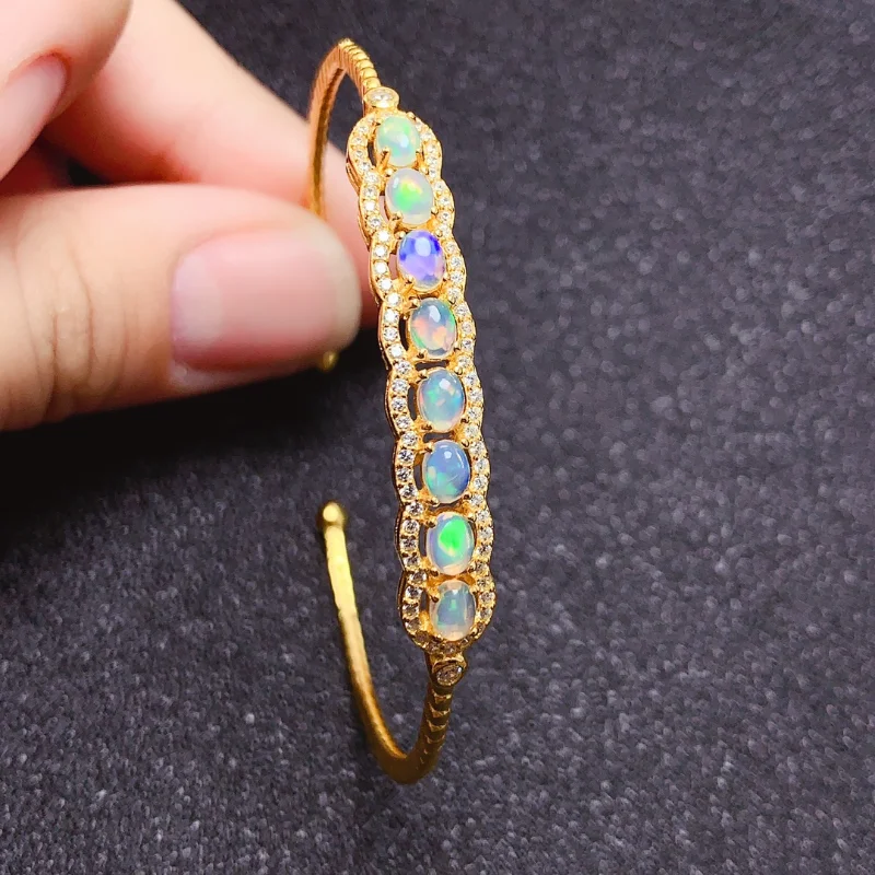 

925 Sterling Silver 14K Yellow Gold Plated Natural Opal Open-end Bangle for Women Fashion Luxury Geometric Design Trendy Jewelry