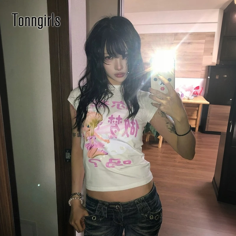 Tonngirls Y2k-Tops mit japanischem Aufdruck, grafische Oberteile für Damen, kurzärmelige Baumwoll-T-Shirts, ästhetische 2000er-Jahre, lustige, lässige Vintage-Tops, koreanisch