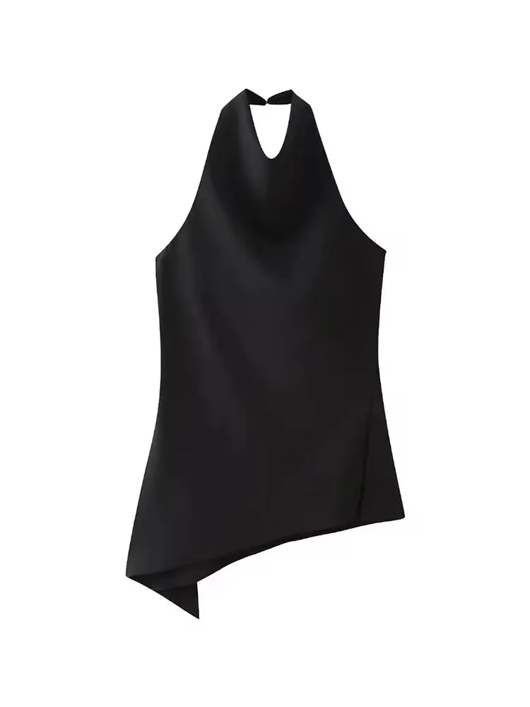 HH Womens Satin Halter Neck Top Asymmetrical Hem Sleeveless Blouse Elegant Party Club Summer Streetwear Crop Top 6