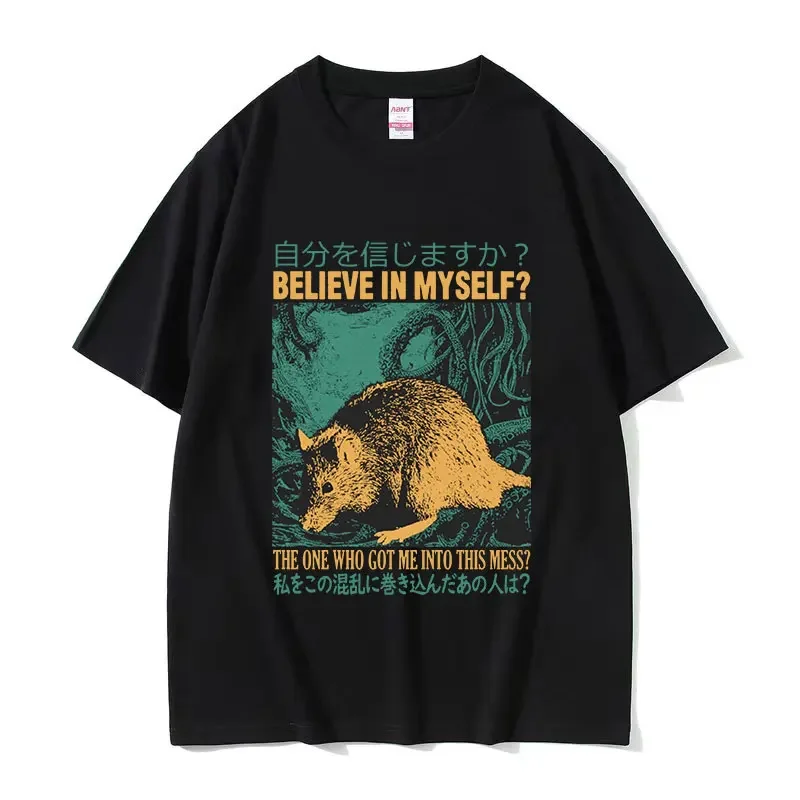 Believe in Myself Lustiges Grafik-T-Shirt Retro Japanisches Ratten-Print Kurzarm-T-Shirt Herren Damen Mode Oversize-T-Shirts.