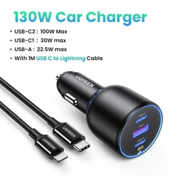 UGREEN 130W High-Speed USB-C Car Charger with PD3.0 Fast Charging - Add Cable iPhone