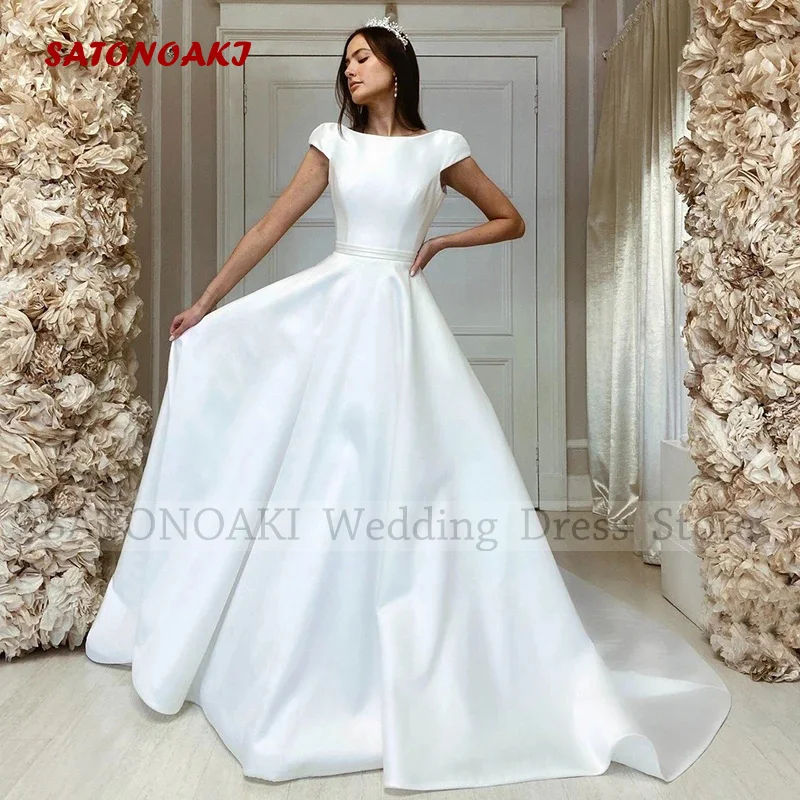 

Elegant Simple Scoop Neck Satin Wedding Dress for Women A-Line Sweep Train Cap Sleeve Bridal Gowns Vestido De Novia Custom Made