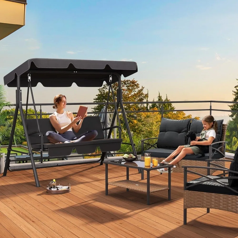 Patio Porch Swing for Adults, 3 Seat Porch Swings with Adjustable Canopy Outside Swing Bench with Removable Cushion, Suitable 6