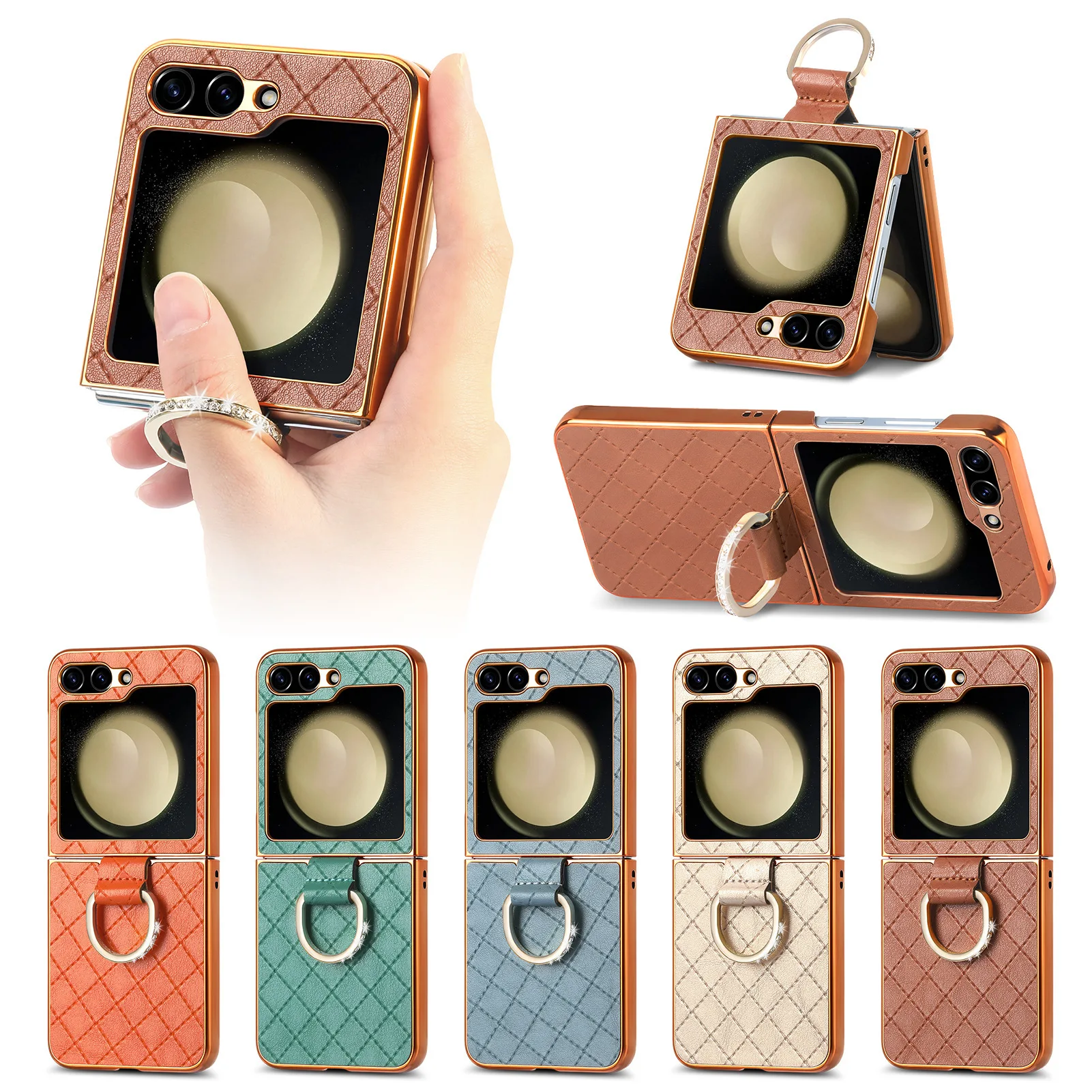 

Плетеные Кожаные чехлы для Samsung Z Flip5 с крепежным кольцом-кронштейном, чехол с гальваническим покрытием, ромб Z Flip5, защитный чехол