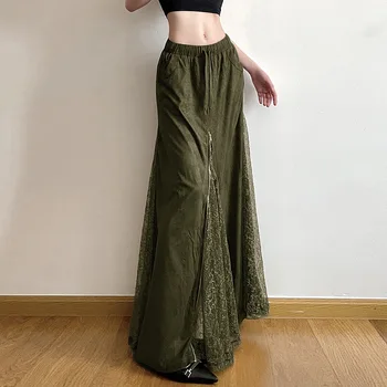 Women Vintage Suede Nap Lace Patchwork Hem Zip Long Skirt Cyber Y2K Chic Drawstring Pocket A-line Skirts Lady Grunge Streetwear