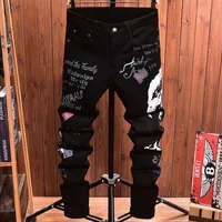 2025 Spring and Autumn New Fashion Trend Printed Black Straight Leg Jeans Men's Casual Comfort Breathable High Quality Pants