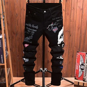 2025 Spring and Autumn New Fashion Trend Printed Black Straight Leg Jeans Men's Casual Comfort Breathable High Quality Pants 1