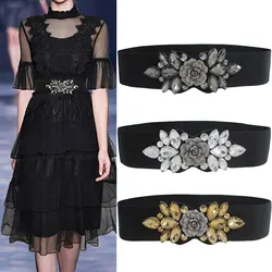 Rose Rhinestone Belt Elastic Belt Decorative Waistbands All-match Ladies Belt With Black Girdle Butterfly Floral Buckle Belts