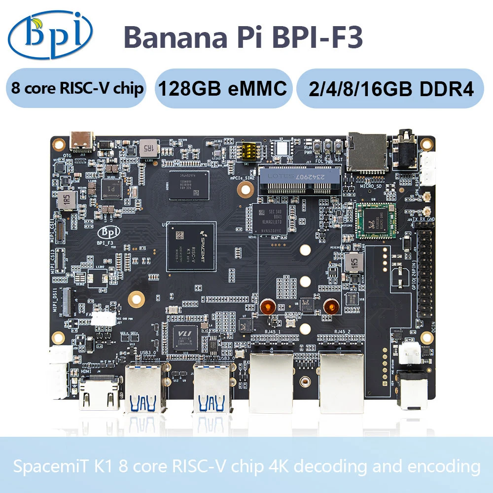 Banana Pi BPI-F3 SpacemiT K1 8 Core RISC-V chip 4G LPDDR4 16G eMMC 2.0TOPs AI computing power Industrial Grade Development Board single board computer,mini development board,ai board,positioning devboard,ble development board