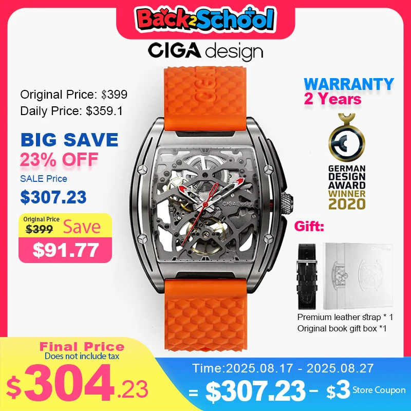 CIGA Design Skeleton Titanium Watch for Men Z Series Orange