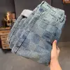 Spring & Fall Fashion Denim Pants Male Straight Leg Loosen Fit Plaid Pattern Cotton Jeans Men 1