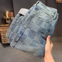 Spring & Fall Fashion Denim Pants Male Straight Leg Loosen Fit Plaid Pattern Cotton Jeans Men 1